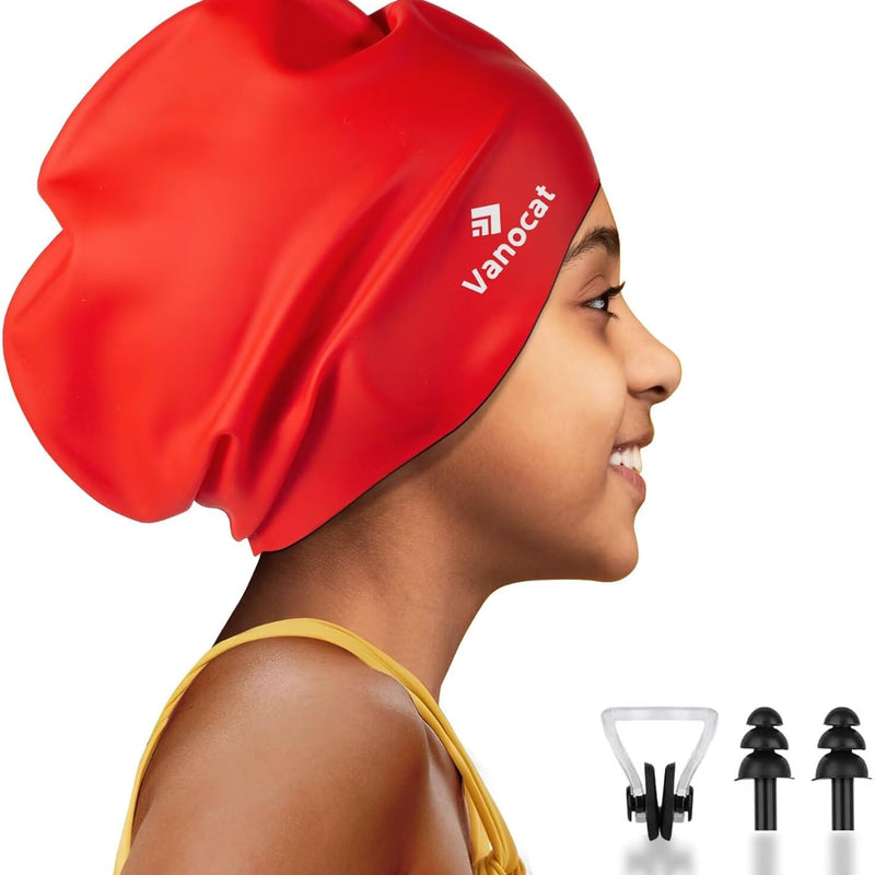 Kids Extra Large Swim Cap for Long Hair, Waterproof Silicone Swimming Caps for Boys Girls Children Youth Teen, Large Swim Hat for Long Thick Curly Hair & Dreadlocks Braids Weaves Afro Hair