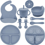 Silicone Baby Feeding Set | Baby Led Weaning Supplies Includes Suction Bowls and Divided Plates, Adjustable Bib, Baby Utensils Spoons and Forks,Cup | Baby Feeding Essentials (Light Green)