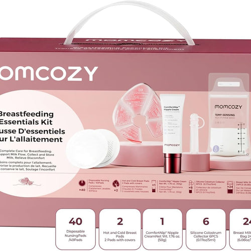 Momcozy 73PC Breastfeeding Essentials Kit,New Moms Postpartum Essentials | Hospital Bag Must-Haves, with Nursing Pads, Hot & Cold Breast Pads, Nipple Cream, Colostrum Collectors, Milk Storage Bags