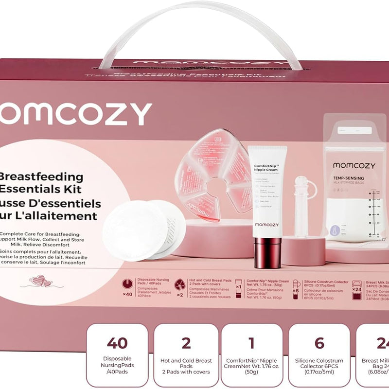Momcozy 73PC Breastfeeding Essentials Kit,New Moms Postpartum Essentials | Hospital Bag Must-Haves, with Nursing Pads, Hot & Cold Breast Pads, Nipple Cream, Colostrum Collectors, Milk Storage Bags