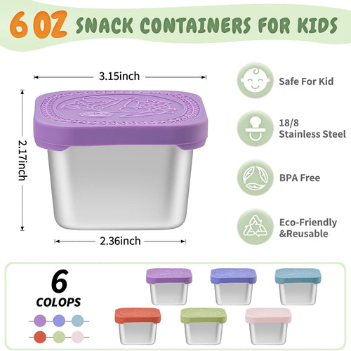 SANEXC 6 Oz Stainless Steel Snack Containers for Kids - 6 Pack Metal Food Containers with Lids Silicone Easy Open 100% Leak Proof BPA Free Reusable Baby Lunch Box for Daycare Travel and Office