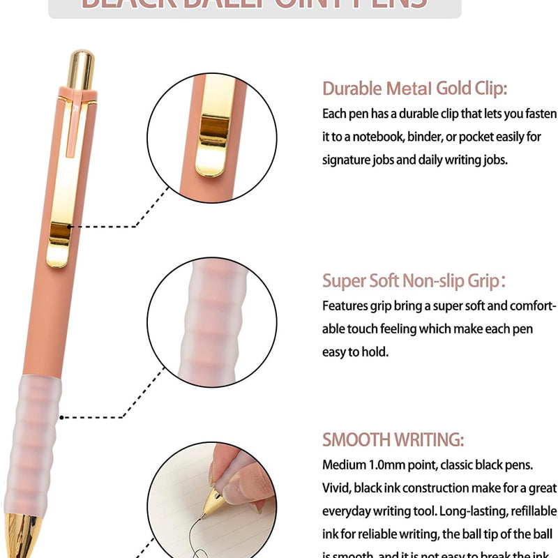 Linbsunne Ballpoint Pens Black Medium Point 1mm Pen with Super Soft Grip Ball Point Pen for Men Women Retractable Pens (gold-12 pcs)