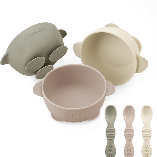 PandaEar 3 Pack Silicone Suction Baby Bowls & 3 Baby Feeding Spoons | Non-Slip Stay Put Bowls & Soft Silicone First Stage Spoons for Toddlers, BPA-Free Baby Led Weaning Set, Linen Brown Tan