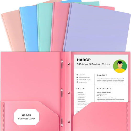 HABGP Two Pocket Folder With Prongs (5 Pack, Pastel Colors), Plastic Folders With Pockets and Business Card Holder, Fit Letter Size, for Organizing Papers in School, Office & Business