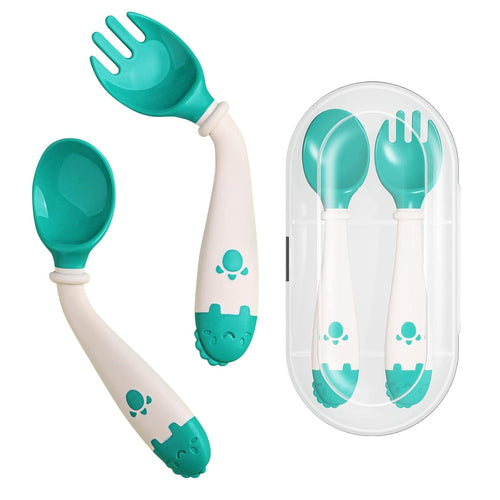 Deejoy Toddler Utensils Self-feeding Flatware Set withTravel Case-Green | Baby Spoons and Forks with Silicone Bendable Handle, Easy Grip Heat-Resistant, Ideal for Kids, Stage 2