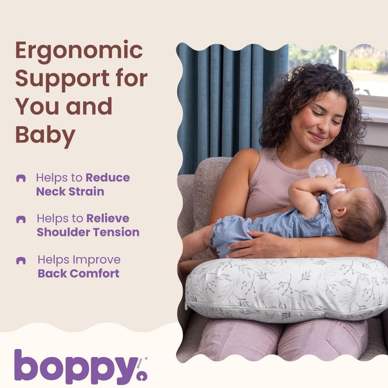 Boppy Nursing Pillow - Verified Safe Breastfeeding Pillow with Softer Fill for Comfortable Support, Machine Wash & Dry Cover, Non-Toxic Materials - Gray Gentle Leaves