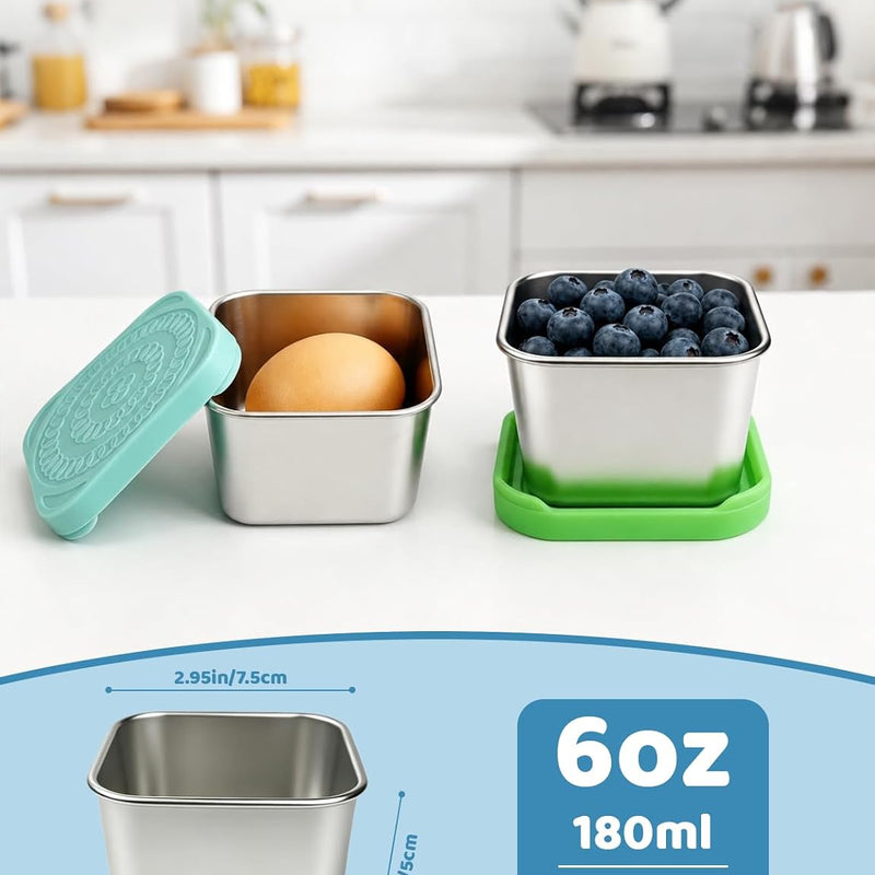 HTEVW 6 Pack Stainless Steel Snack Containers for Kids, 6 oz Toddler Snack Containers with Silicone Lids, Reusable Leak Resistant Food Containers for School Lunch, Daycare, Travel & Portion Control