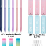 Four Candies Cute Mechanical Pencil Set, 6PCS Pastel Mechanical Pencils 0.5 & 0.7mm with 360PCS HB Leads, 3PCS Erasers and 9PCS Eraser Refills, Aesthetic School Supplies for Girls Writing