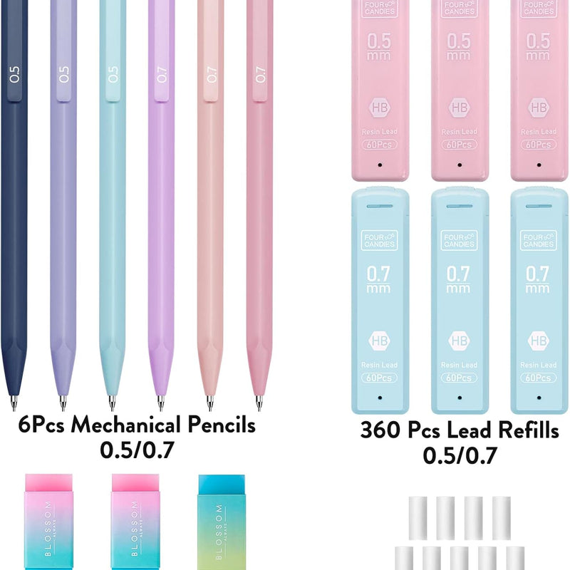 Four Candies Cute Mechanical Pencil Set, 6PCS Pastel Mechanical Pencils 0.5 & 0.7mm with 360PCS HB Leads, 3PCS Erasers and 9PCS Eraser Refills, Aesthetic School Supplies for Girls Writing