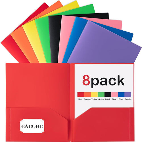 CADONO Plastic Folders with Pockets (8 Pack,Assorted Colors), Durable Heavy Duty File Folders with Business Card Slot, 2-Pocket Folder for Schoolwork & Office,Back to School Supplies