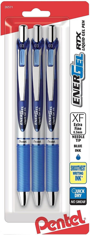 Pentel EnerGel RTX Retractable Liquid Gel Pen, (0.3mm), Extra Fine Line, Needle Tip, Black Ink, Pack of 3 (BLN73BP3A)
