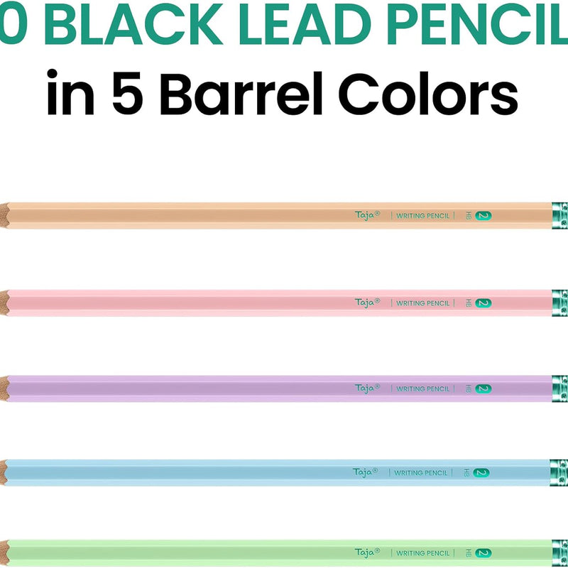 Taja 50 Pack Wood-Cased #2 HB Pencils, Bulk Pre-Sharpened Pencils with Top Erasers, Perfect for School & Classroom Writing and Drawing - Macaron