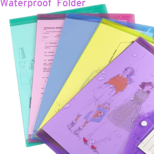 Sooez 12 Pack Folders Plastic Envelopes with Snap Closure, Clear Plastic File Folder for Document, Letter A4 Size Poly File Envelopes with Label Pocket for Home Work Office Organizer, 6 Colors