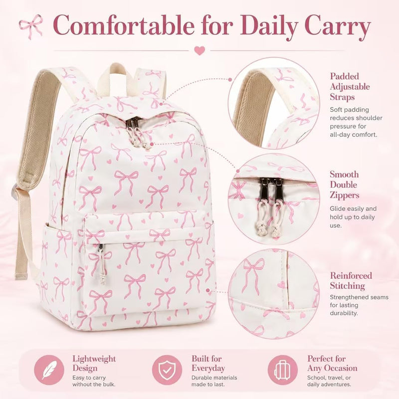 LOIDOU Backpack for Girls School Backpacks Bookbags for Elementary Middle School Women Laptop Backpacks (Bow tie Beige, L-17)