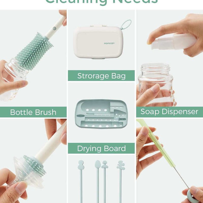 Momcozy 7-in-1 Baby Bottle Brush Set with Drying Rack, Green | Silicone Nipple Straw Brushes, Soap Dispenser Storage Box, Foldable Drain Rack, Portable Bag, BPA-Free, Home & Travel