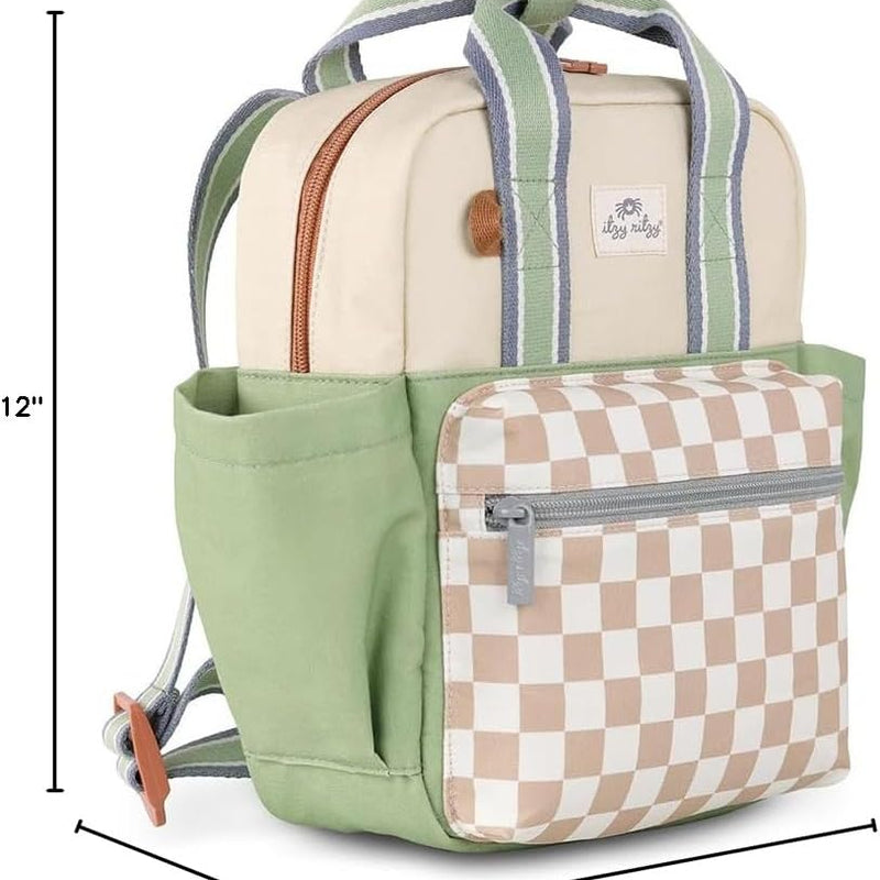 Itzy Ritzy Toddler Backpack, Daycare Bag w/Spacious Interior, Checkerboard | Adjustable Straps, Wipeable Lining, 2 Side Pockets, Front Zipper, & Name Label - Keeps Essentials Organized for Daily Travel