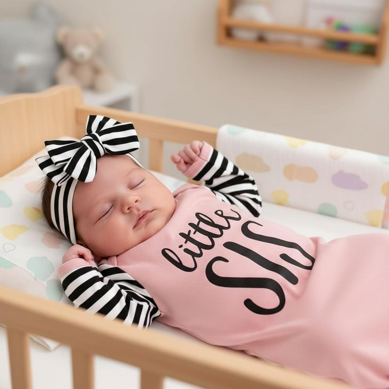 AMAWMW Newborn Baby Girl Little Sister Sleeper Gown Stripe Long Sleeve Nightgown Pajamas Gifts Stuff Essential Outfit