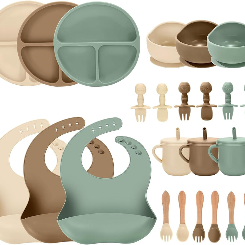 24 PCS Silicone Baby Feeding Set, Baby Led Weaning Supplies Includes Suction Bowls and Divided Plates, Adjustable Silicone Bib, Spoons&forks, Training cup with straw (Green+Brown+Beige)