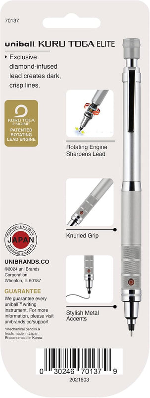 uniball Kuru Toga Elite Mechanical Pencil Starter Kit, 0.5mm, HB #2, Silver Barrel, 1 Pack
