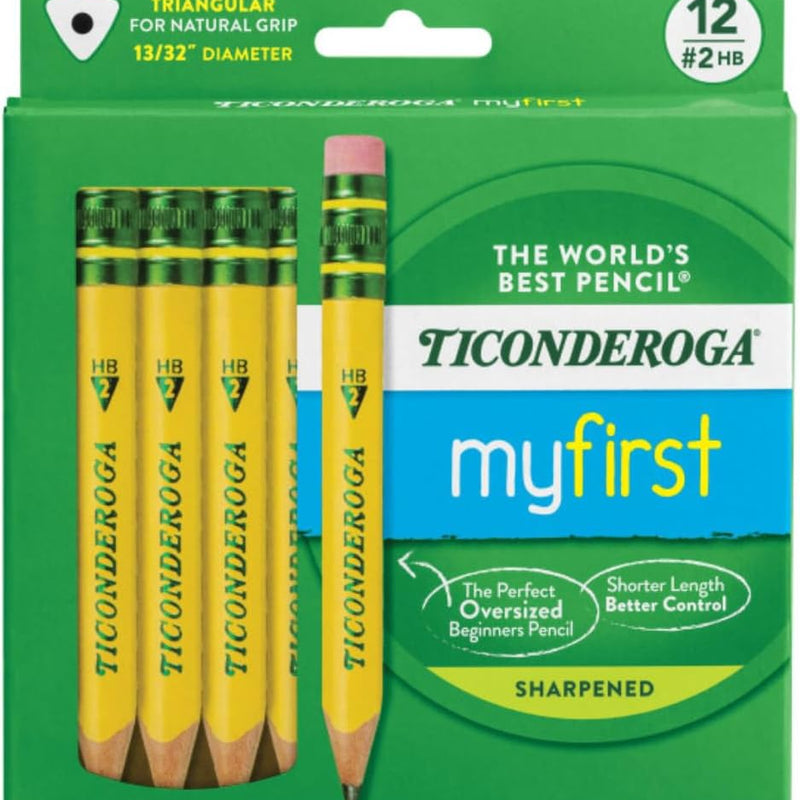 Ticonderoga My First Half-Size Wooden Pencils, 12 Pencils/Pack, 1 Pack | Large Triangle-Barrel Pre-Sharpened #2 (HB) Short 4.5" Yellow Pencils with Erasers, X33012