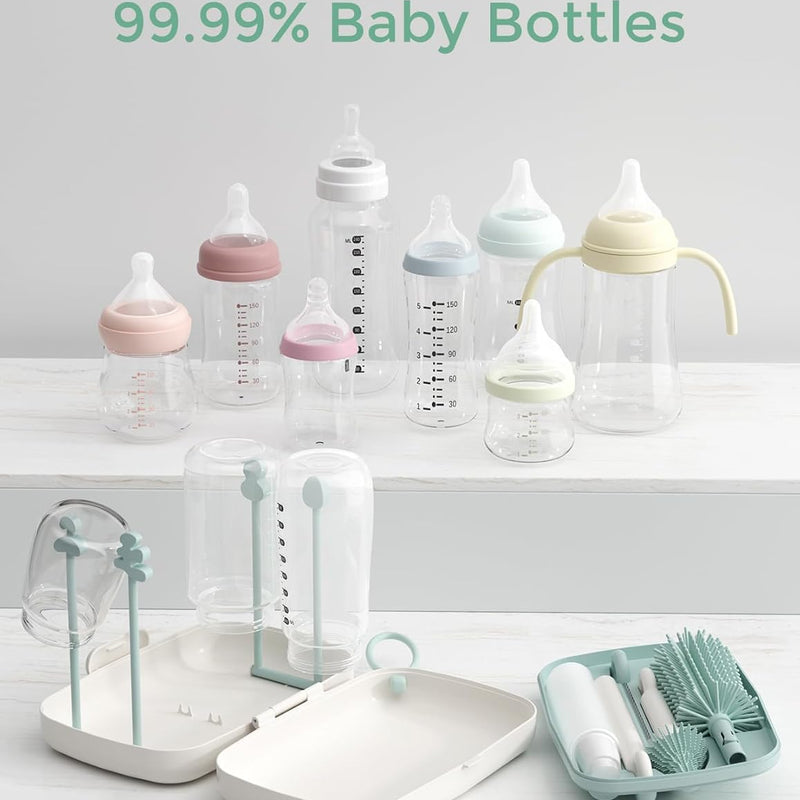 Momcozy 7-in-1 Baby Bottle Brush Set with Drying Rack, Green | Silicone Nipple Straw Brushes, Soap Dispenser Storage Box, Foldable Drain Rack, Portable Bag, BPA-Free, Home & Travel