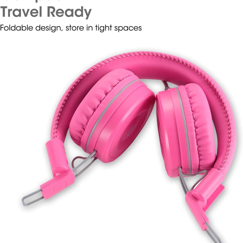 noot products K22 Kids Headphones Wired 3.5mm Jack, Foldable, Flamingo Pink | Stereo Tangle-Free 5ft Long cord, Plug-in, On-Ear Headset for Children, Boys, Girls, iPad, School, Kindle, Travel, Plane