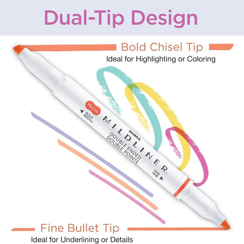 Zebra Pen Mildliner Dual-Tip Highlighter Marker Set, Broad and Fine Point Tips, No Bleed, Ideal for Bible Highlighting, Journaling, School and Office Supplies, Assorted Ink Colors, 15-Pack (78115)
