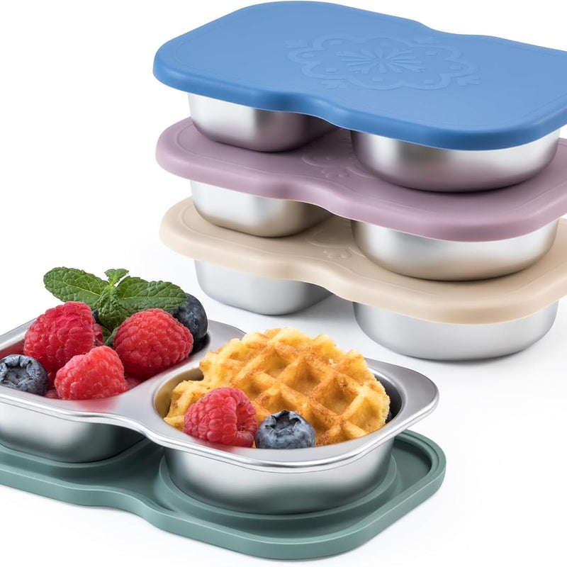 VITEVER 4 Pack Small Stainless Steel 2-Compartment Snack Containers with Lids, Reusable Snack Pack Containers, Lunch Box Accessories,Double Compartment Salad Dressing Containers to Go, 5.3oz
