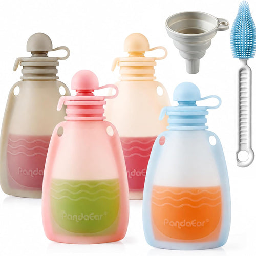 PandaEar Reusable Silicone Baby Food Pouches, 4 Pack Squeeze Pouches for Toddler Kids, BPA-Free Silicone Refillable Baby Food Storage, 5 oz