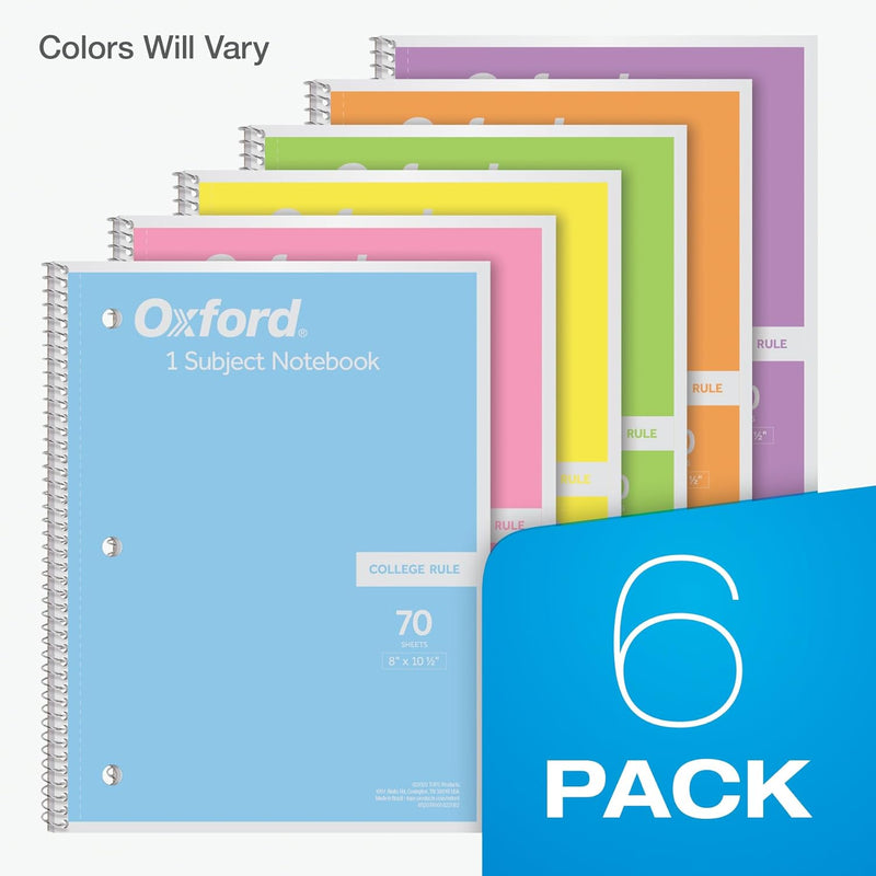 Oxford Spiral Notebook, 1 Subject, College Ruled Paper, 8 x 10-1/2 Inch, Pastel Pink, Orange, Yellow, Green, Blue and Purple, 70 Sheets (63756), Set of 6