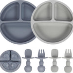 Eascrozn 2 Pack Divided Toddler Plates with Suction, Spoons and Forks Set | BPA Free, Silicone Feeding Set, Baby Led Weaning Supplies, Baby Utensils for Feeding Essentials, Dishwasher Safe