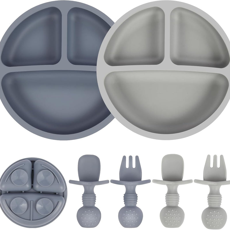 Eascrozn 2 Pack Divided Toddler Plates with Suction, Spoons and Forks Set | BPA Free, Silicone Feeding Set, Baby Led Weaning Supplies, Baby Utensils for Feeding Essentials, Dishwasher Safe