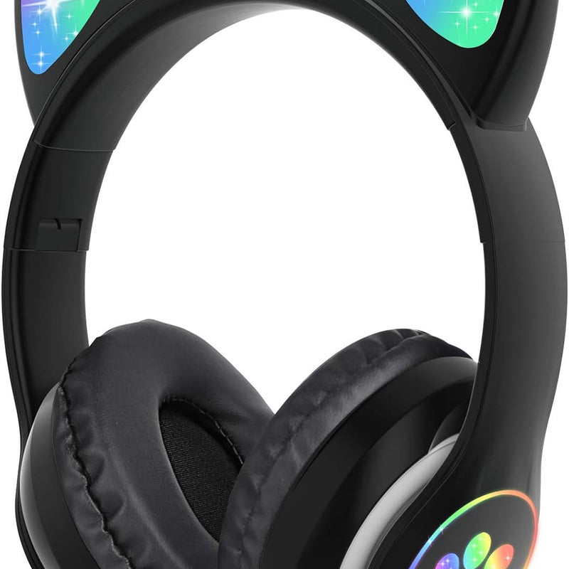 TCJJ Cat Ear Kids Bluetooth Headphones, LED, 85dB Volume Limit | Bluetooth 6.0 wireless headset with mic, stereo sound, foldable, 3.5mm wired mode for girls, school, tablet, travel