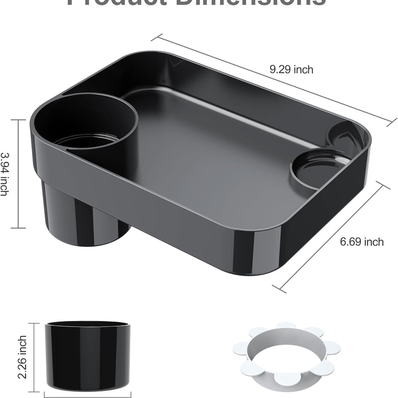Car Seat Snack Tray for Toddlers - 3 Inch Cup Holder Fits Most Sippy Cups & Straw Bottles with Dip Well, Mess-Free Square Kids Travel Tray Road Trip Essentials, Black
