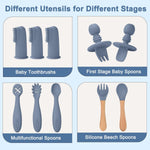 Silicone Baby Feeding Set 14 Pcs, Baby Led Weaning Set, 6M+, Blue Gray | Self-Feeding Utensils, Divided Plate, Suction Bowl, Bib, Cup, Finger Brush, Training Spoons, Microwave and Dishwasher Safe