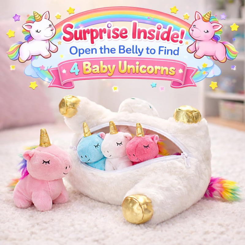 kmuysl unicorn mommy plush toys for girls ages 0-8, soft fabric, 4 baby unicorns, gift box