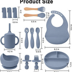 Silicone Baby Feeding Set 14 Pcs, Baby Led Weaning Set, 6M+, Blue Gray | Self-Feeding Utensils, Divided Plate, Suction Bowl, Bib, Cup, Finger Brush, Training Spoons, Microwave and Dishwasher Safe