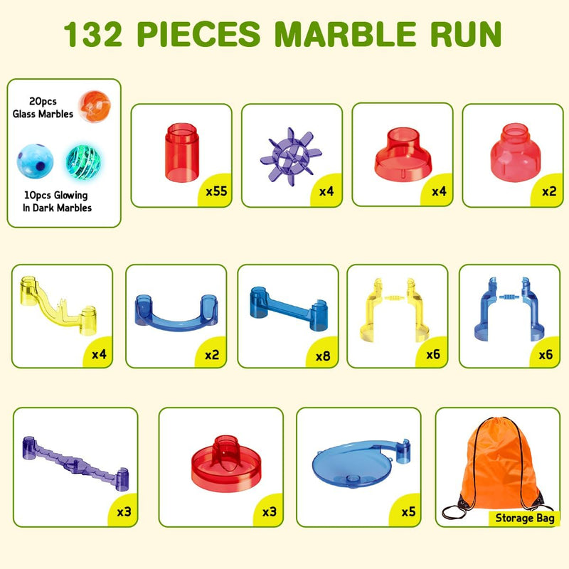 Meland Marble Run - 132Pcs Building Toy for Kids with Glow-in-the-Dark Marbles and STEM Learning, Ages 3-9+
