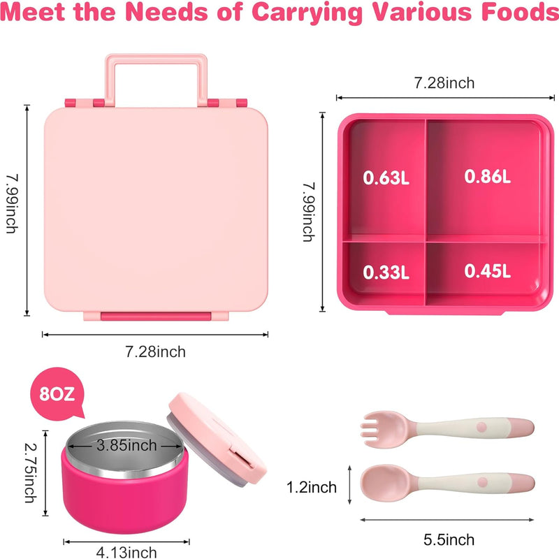 Pawtong Bento Lunch Box with 8oz Soup Thermo, Kids Leakproof Lunch Food Containers with 4 Compartment, Kids Thermo Insulated Hot Food Jar for School, Trvael - (Pink)