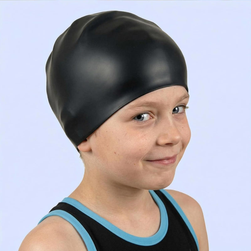 2pcs Silicone Swim Cap for Kids 6-14, High Elasticity Comfortable Non-Slip Swimming Cap for Girls & Boys, Durable Waterproof Swim Hats for Long and Short Hair, Keep Hair Dry