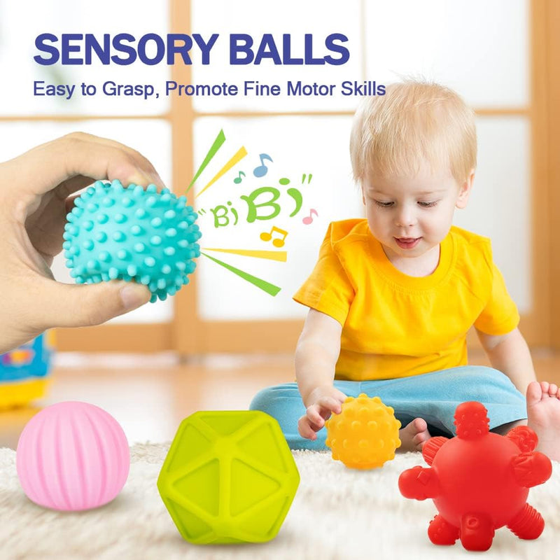 Jyusmile Montessori Baby Toy Set for 6-12 Months, Soft Infant Teething Toys, Stacking Blocks, Sensory Balls