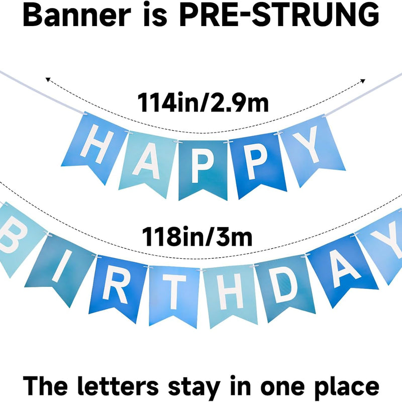 Blue Happy Birthday Banner Pre-Strung Party Decoration for Women Men Girls Boys - 13 Paper Banners with String