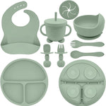Silicone Baby Feeding Set | Baby Led Weaning Supplies Includes Suction Bowls and Divided Plates, Adjustable Bib, Baby Utensils Spoons and Forks,Cup | Baby Feeding Essentials (Light Green)
