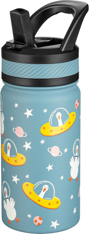Fanhaw 14 oz Kids Water Bottle for School, Insulated Water Bottle with Straw Lid, Stainless Steel Vacuum Insulated Bottle for Boys & Girls, Leak-Proof, BPA Free(Blue - Under Construction)