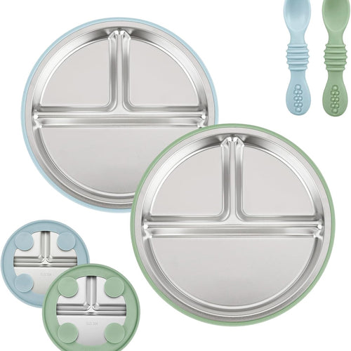 PandaEar 2 Pack Stainless Steel Baby Suction Plates & 2 Pack Spoons, Toddler Utensils Baby Feeding Set, Divided Plates for Baby Led Weaning Supplies, BPA-Free (Blue/Green)