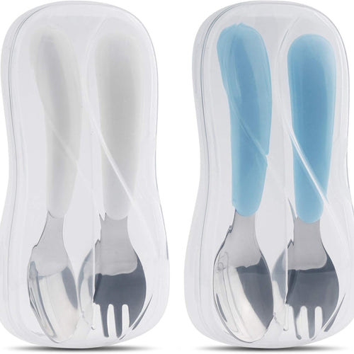 Kirecoo 2 Set Stainless Steel Toddler Utensils with Travel Case | White & Aqua, Forks & Spoons Set, BPA Free, Self Feeding Design, Portable for Travel, Safe for Kids & Toddlers