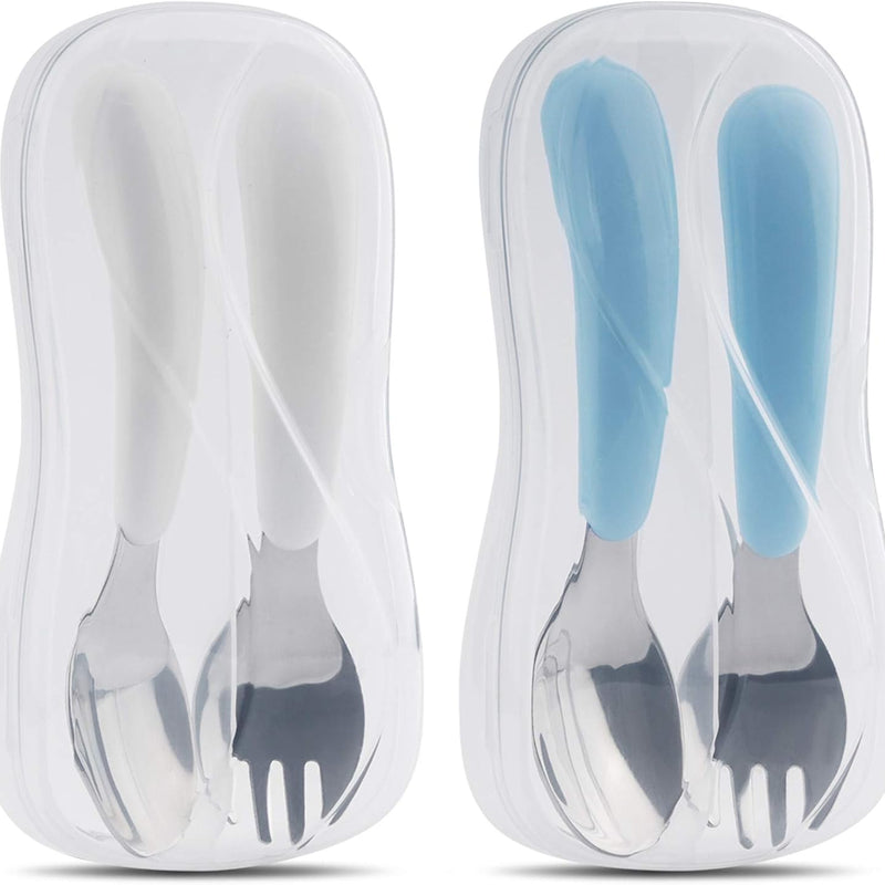 Kirecoo 2 Set Stainless Steel Toddler Utensils with Travel Case | White & Aqua, Forks & Spoons Set, BPA Free, Self Feeding Design, Portable for Travel, Safe for Kids & Toddlers