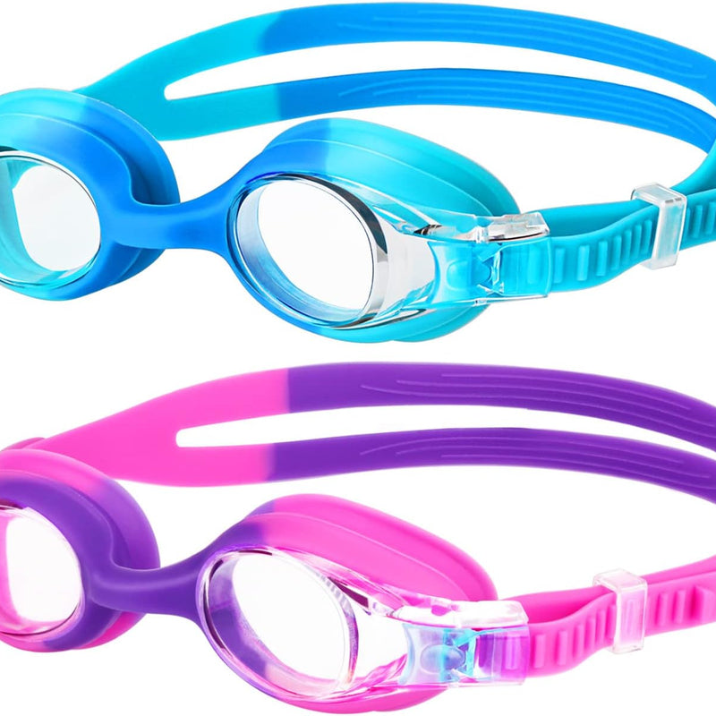 Kids Swim Goggles 2 Pack, Anti Fog No Leak Swimming Goggles for Boys Girls Ages 6-14, Wide View Swim Goggles Kids