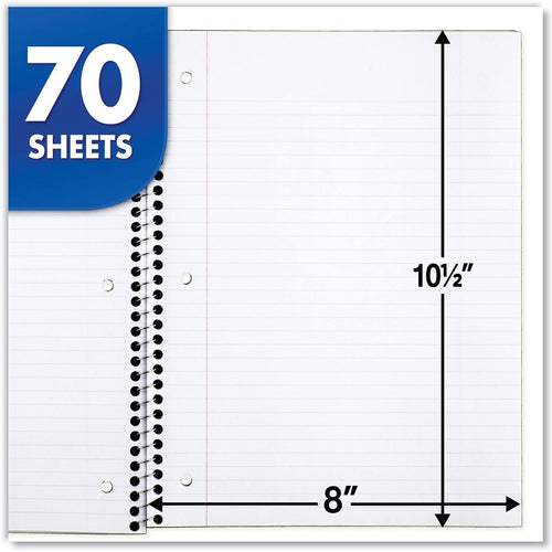 Mead Spiral Notebook, 1 Subject, College Ruled Paper, 7-1/2" x 10-1/2", 70 Sheets per Notebook, Colors Will Vary, 6 Pack (73065)