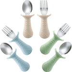 PandaEar Baby Toddler Fork and Spoon Utensil Set, 6 Pack Silicone Stainless Steel Silverware Spoon Fork for Babies Toddler, BPA Free with Silicone Holding Anti-Choke Design (Green Blue Brown)